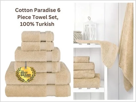 Cotton Paradise 6 Piece Towel Set, 100% Turkish Cotton Soft Absorbent Towels for Bathroom: